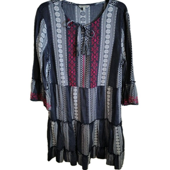 John Mark Dress Size L Embroidered Neck Tie Tier Ruffles 100% Cotton - Picture 3 of 11